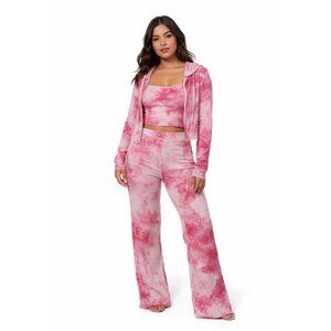💖 NWT 3-Pc Pink Tie-Dye Lounge Set Ribbed Hoodie Cami Flare Pants M 💖